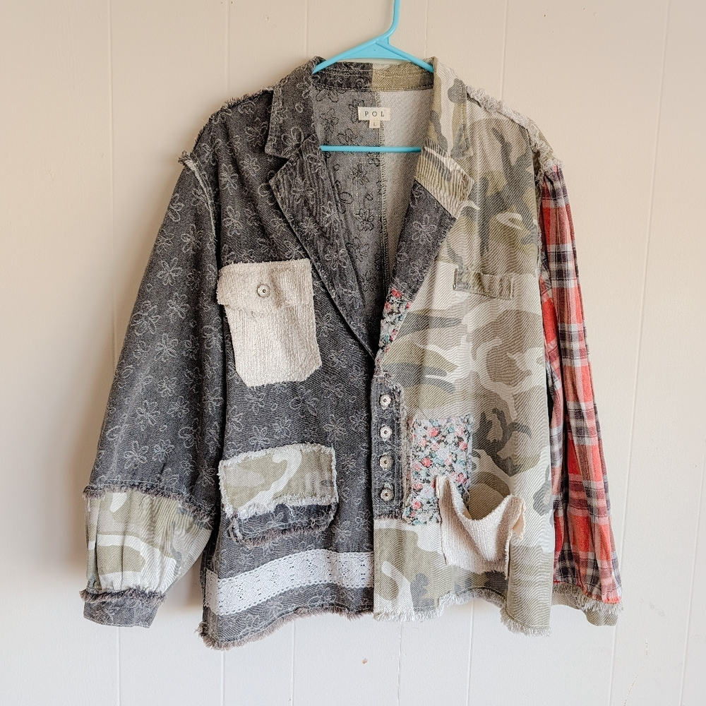 POL Balloon Sleeve Deconstructed Patchwork Twill … - image 2